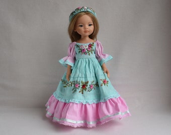 Robe brodée pour poupée Effner Little Darling, poupée Paola Reina 13 pouces. Vêtements roses brodés de fleurs. Robe en lin rose menthe