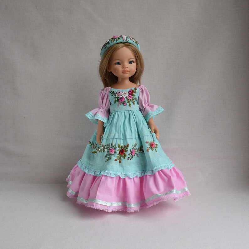 Embroidered dress for doll Effner Little Darling, Paola Reina doll 13 inch. Flower embroidery rose clothes. Mint pink linen dress 画像 1