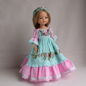 Embroidered dress for doll Effner Little Darling, Paola Reina doll 13 inch. Flower embroidery rose clothes. Mint pink linen dress 画像 4