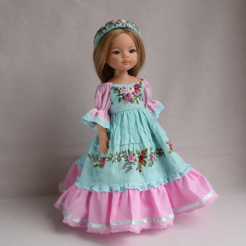 Embroidered dress for doll Effner Little Darling, Paola Reina doll 13 inch. Flower embroidery rose clothes. Mint pink linen dress 画像 4