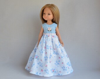 Doll dress for Paola Reina, Minouche, Effner Little Darling. Cotton clothes for doll 13 inches or 32-34 cm. Floral dress. Blue white dress