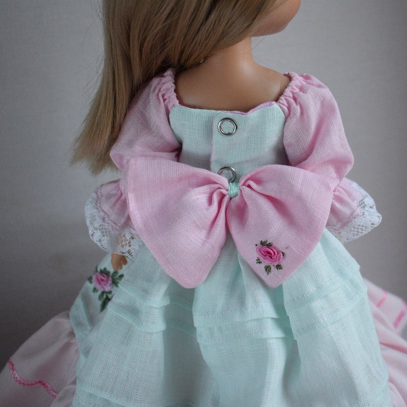 Embroidered dress for doll Effner Little Darling, Paola Reina doll 13 inch. Flower embroidery rose clothes. Mint pink linen dress image 7