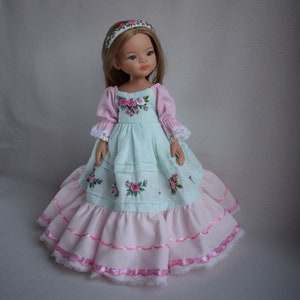 Embroidered dress for doll Effner Little Darling, Paola Reina doll 13 inch. Flower embroidery rose clothes. Mint pink linen dress image 3