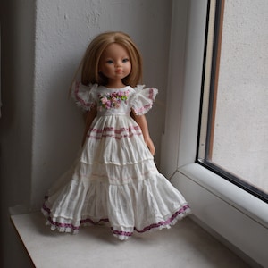 Embroidered dress for doll Paola Reina, Effner Little Darling, Ruby Red doll 13 - 14 inch. White linen outfit. Collection doll clothes