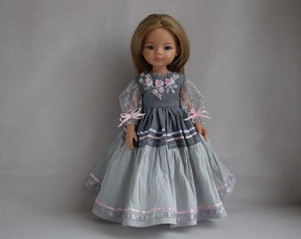 Robe grise et chemisier en dentelle pour poupée Paola Reina, poupée Effner Little Darling 13 pouces. Broderie de fleurs. Tenue de poupée de vêtements de robe brodée