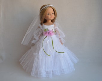 Wedding DRESS + VEIL for doll Paola Reina, Little Darling, White boho doll dress, Bridal Wedding gown, Bride doll, First communion dress
