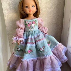 Embroidered dress for doll Effner Little Darling, Paola Reina doll 13 inch. Flower embroidery rose clothes. Mint pink linen dress