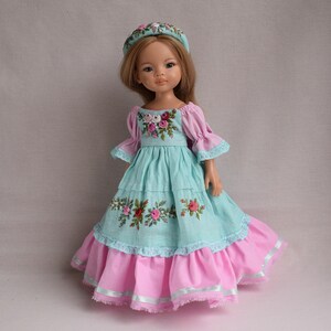 Embroidered dress for doll Effner Little Darling, Paola Reina doll 13 inch. Flower embroidery rose clothes. Mint pink linen dress 画像 3