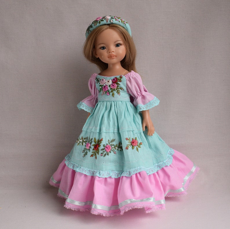 Embroidered dress for doll Effner Little Darling, Paola Reina doll 13 inch. Flower embroidery rose clothes. Mint pink linen dress 画像 3