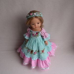 Embroidered dress for doll Effner Little Darling, Paola Reina doll 13 inch. Flower embroidery rose clothes. Mint pink linen dress 画像 8