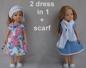 OUTLET Blue floral doll DRESS 2 in 1 + SCARF for Paola Reina Minouche Little Darling other dolls 13 inch, Cotton clothes, Reversible outfit