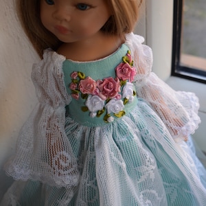 Doll dress for Paola Reina, Effner Little Darling, Ruby Red and similar 13-14 inch. Handmade Embroidered dolls clothes. Lace ball gown