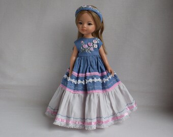 Robe et bandeau de poupée bleus pour poupée Paola Reina, poupée Effner Little Darling 13 po. Vêtements brodés en lin. Broderie florale