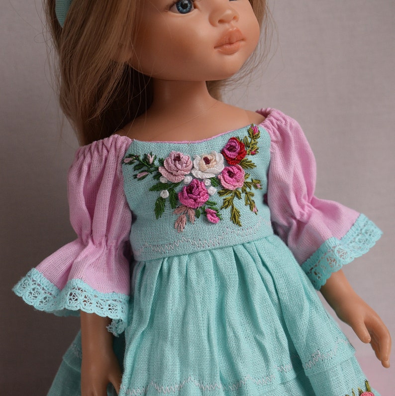 Embroidered dress for doll Effner Little Darling, Paola Reina doll 13 inch. Flower embroidery rose clothes. Mint pink linen dress 画像 2