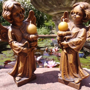 2 Engel Paar Holzengel Kerzenhalter Kerzenständer Vollholz Handgeschnitzt Weihnachten Vintage Brocante Schnitzerei Schutzengel