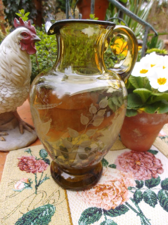 Vintage Glaskrug Mundgeblasen Ätzglas Wasserkanne Wasserkrug Krug Glas Vase Blumenvase Handarbeit Saftkrug Landhaus Cottage