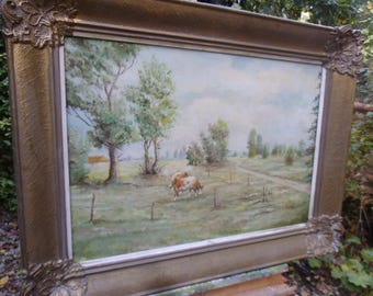 Antik Ölgemälde Ölbild Landschaft Impressionismus  Kühe Wiese Gemälde Bauernhof Landhaus Cottage