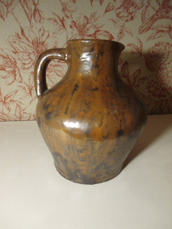 Schöne Alte Vase Glasiert Blumenvase Ton Teracotta Handgemacht Vintage Krug Gesteckvase Henkelvase Landhaus Cottage