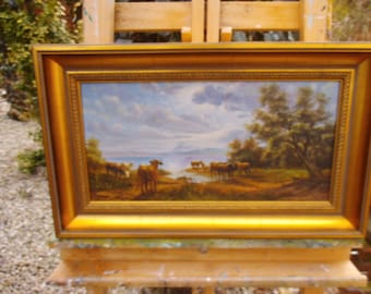 Vintage Ölgemälde Ölbild Gemälde Bild Wandbild Kuh Kühe See Landschaft Bayern Cottage Landhaus