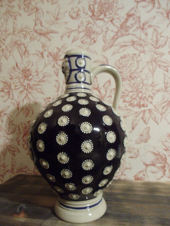 Vintage Großer Krug Ton Keramik Vase Blumenvase Original Gerzit Kanne Bauernhaus Landhaus Cottage Stil Brocante Shabby Chic Küche Blau Weiß