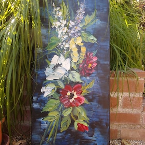 Ölbild Ölgemälde Blumenbild Wandbild Gemälde Blau Brocante Bauernmalerei Blumengemälde Anemone Rittersporn Cottage Landhaus
