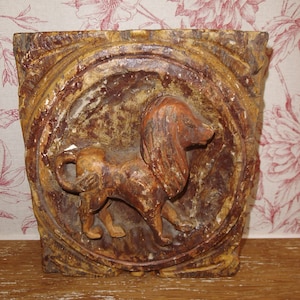 Old solid wooden tile zodiac sign Leo relief wooden tile carved wooden picture zodiac sign vintage shabby chic decoration home decor