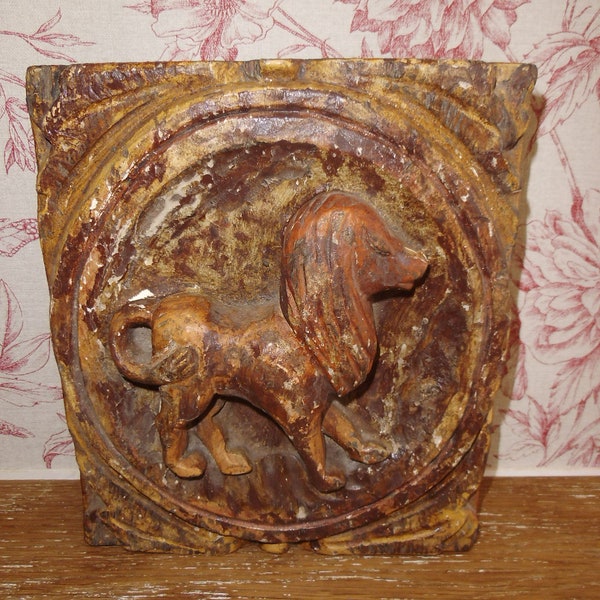 Old Solid Wooden Tile Zodiac Sign Lion Relief Wood Tile Carved Wood Image Zodiac Sign Vintage Shabby Chic Decoration Home Decor