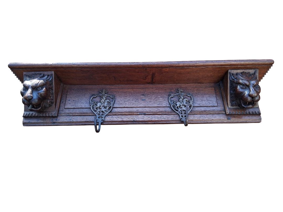 Antik Wandgarderobe Wandhaken Historismus Hakenleiste Schnitzerei Garderobe Eiche Löwenköpfe Landhaus