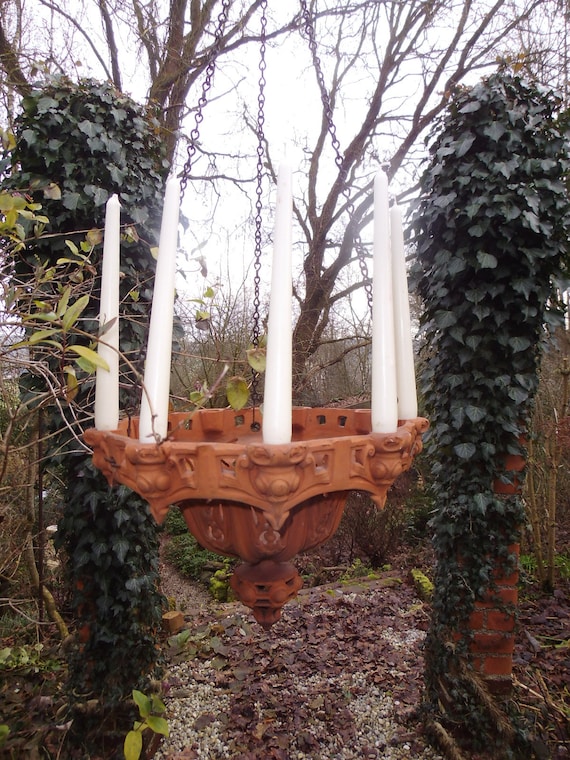 Antik Neugotik Hängelampe Kerzen Hängeleuchter Terracotta Handarbeit Kerzenhalter Kerzenständer Florenz Italien Wintergarten Brocante