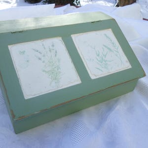 Op de afbeelding: Een saliegroene houten kist met een scharnierend deksel. Het deksel heeft twee rechthoekige panelen met botanische illustraties in lichtgroen. De kist staat tegen een witte, getextureerde achtergrond.