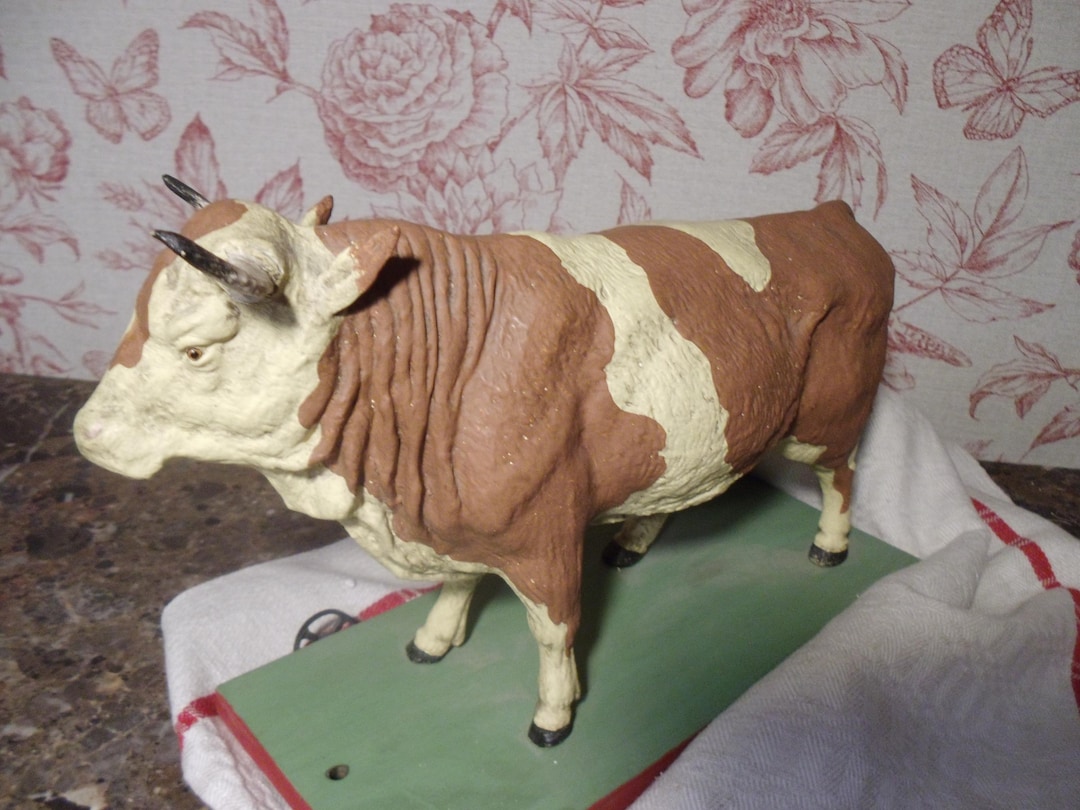 Antique Cow, Cattle, Bull, Wheels Figure, Wooden Composition Animal ...