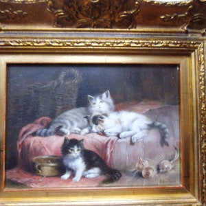 Ölgemälde Katzen Ölbild Gemälde Wandbild Wandgemälde Kätzchen Landhaus Cottage Prunkrahmen Holzrahmen