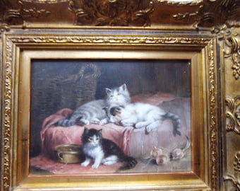 Ölgemälde Katzen Ölbild Gemälde Wandbild Wandgemälde Kätzchen Landhaus Cottage Prunkrahmen Holzrahmen