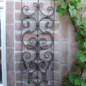 Puede incluir: Un enrejado de metal decorativo con un diseño de desplazamiento, montado en una pared de ladrillo con enredaderas verdes que crecen por el lado.