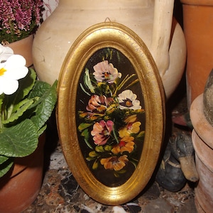 Ölgemälde MINIATUR Ölbild Gemälde Blumen Wandbild Bild Blumen Blüten Oval Brocante Landhaus Cottage