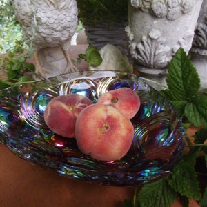 Glasschale Fußschale Schale Obstschale Irisierend Schale 70er Glas Bunt Vintage Retro