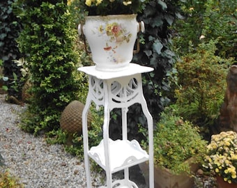 Antique Art Nouveau flower stand, plant stand, wooden stand, side table, lamp stand, tiered table, white, shabby chic, wood, country style