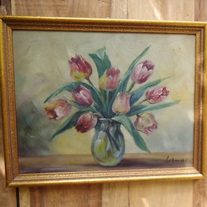 Gemälde Ölgemälde Bild Ölbild Wandbild Bild Wanddeko Tulpen Tulpenstrauß Blumenstrauß Vase Cottage Landhaus Impressionismus