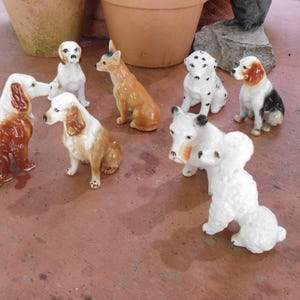 May include: A collection of ceramic dog figurines in various breeds and poses. The dogs are painted in realistic colors, including brown, white, and black. The figurines are arranged on a reddish-brown surface.