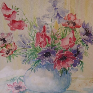 Vintage Aquarell 1940 Anemonen Wicken Blüten Blumen Wandbild Blumenbild  Landhaus Cottage
