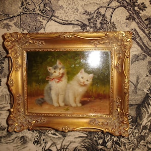 Antik Ölgemälde Ölbild Gemälde Original Sophie Sperlich Öl auf Holz Katzengemälde Katzenbild Holzrahmen Blattgold  München Landhaus Cottage