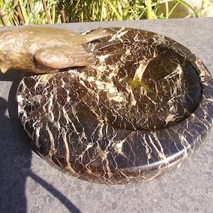 Antik Marmorschale Vogeltränke Vogelbad Messing/Bronze Vogel Spatz Vogelfigur Sperling Landhaus Cottage
