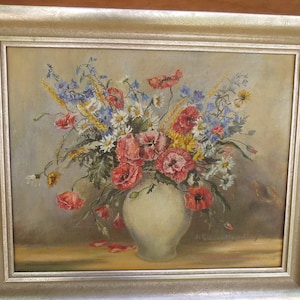 Ölgemälde Ölbild Blumenstrauß Signatur Feldweg-Fleyerting Mohn Feldblumen Margeriten Blüten Wandbild Landhaus Cottage