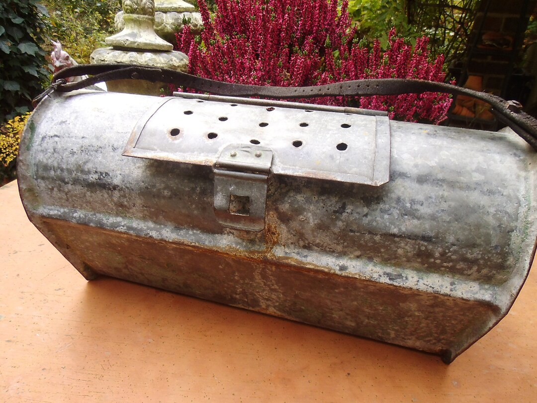 Antik Zink Botanisiertrommel Zinkbehälter Metall Behälter Korb Angler Brocante Landhaus Cottage