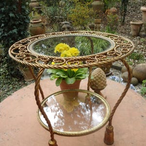 Vintage Mid Century Glastisch Beistelltisch Regency Vergoldet Kordel Quaste Florenz Couchtisch Italien Teetisch Salontisch  Metalltisch