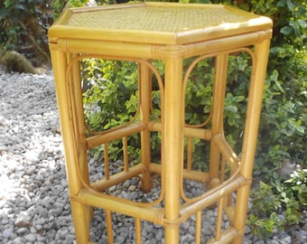 Vintage Bambus Rattan Beistelltisch Tischchen Hexagon Boho Landhaus