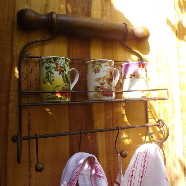 Étagère murale à crochets, panier mural, maison de campagne