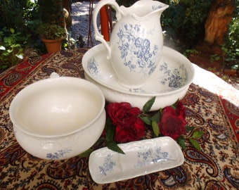 Antik Waschgarnitur Jugendstil Imperial Wessel Waschkrug Krug Waschschüssel Schüssel Seifenschale Cottage Landhaus Floral Blau Brocante