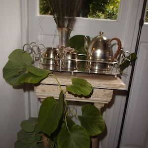 Peut inclure: Un service à thé en argent avec une théière, un pot à crème et un sucrier sur une table en bois avec des feuilles vertes.