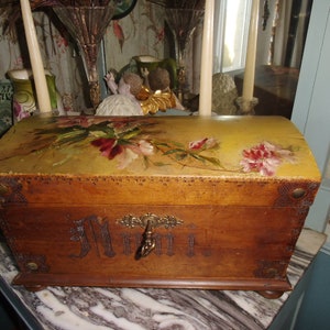 Antik Unikat Truhe Ölgemälde Gemälde Blumenbild Schatulle Holztruhe Schatulle Holzschatulle Kiste Holzkiste Landhaus Cottage